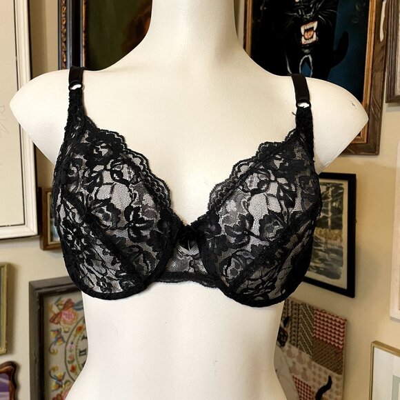80s Vintage Warner's Lace Royale Black Lace Unlined Underwire Bra Size 34D - Picture 1 of 4